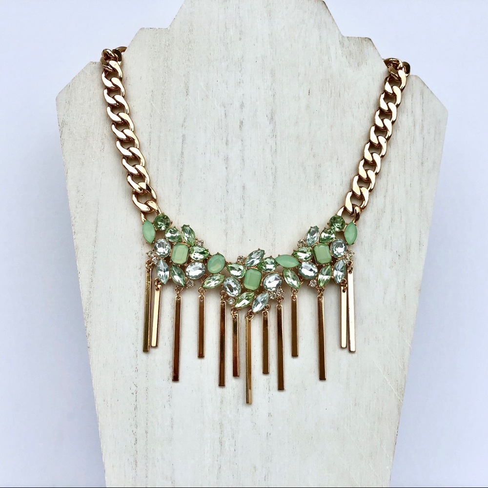 Pale Green Rhinestone Gold Dangle Bib Necklace - Picture 2 of 8